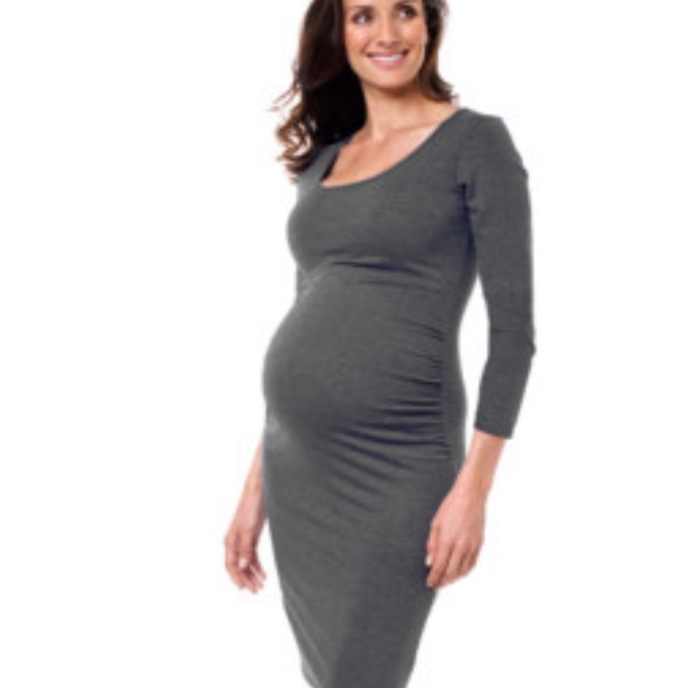 New Additions Gray/White maternity Ruched Midi Dress